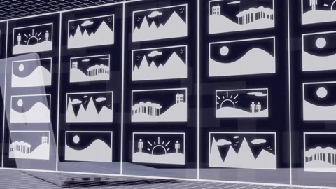 Panel wall shifting as falling binary digits forming framed thumbnails, laptop Stock Footage 334465879