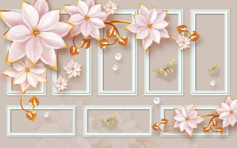 A panel with white frames, pearls, large abstract pink ceramic gilded flowers Stock Illustration