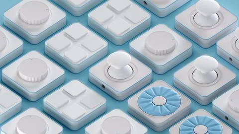 Panels with buttons, rotating rings , controller. Push to confirm, analog stick Stock Illustration