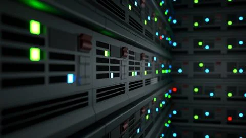 Panels of data-center, computers in the server room. 3D render Illustrazione stock
