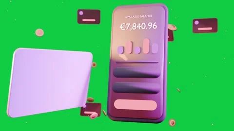 Panels drifting, causing phone rising, card rotating, showing balance €7,840 Vídeo Stock 337887673