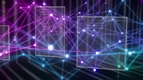 On panels sliding in, 3D network mesh pulsing and reorienting lines, visualizing Stock Footage 334337857