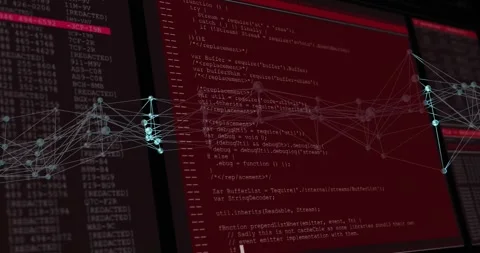 Panels sliding right activating cyan node network shifting over red terminal, 스톡 동영상 329550674