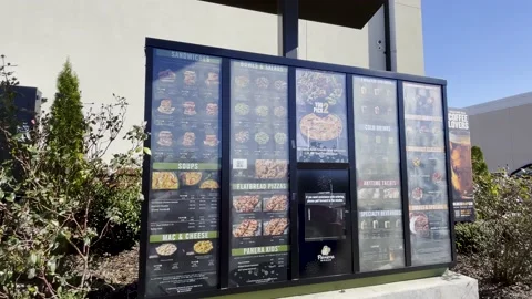 Panera Bread restaurant drive the menu display Jan 2022 Stock Footage 232443910