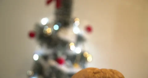 Panettone slice with Christmas tree and blurry lights flashing Video stock 160627532