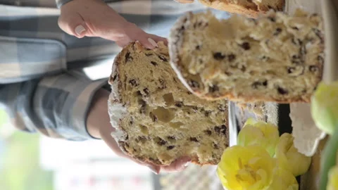 Panettone. Traditional Italian Easter bread with dried berries and chocolate Video stock 243020958