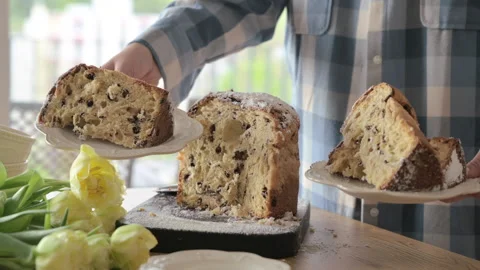 Panettone. Traditional Italian Easter bread with dried berries and chocolate Video stock 243021118