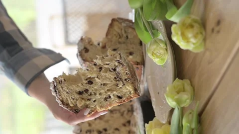 Panettone. Traditional Italian Easter bread with dried berries and chocolate Video stock 244747404