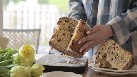 Panettone. Traditional Italian Easter bread with dried berries and chocolate Video stock 244747459