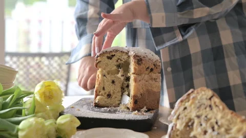 Panettone. Traditional Italian Easter bread with dried berries and chocolate Video stock 251748513