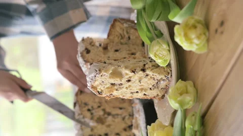 Panettone. Traditional Italian Easter bread with dried berries and chocolate Stock Footage 258649041