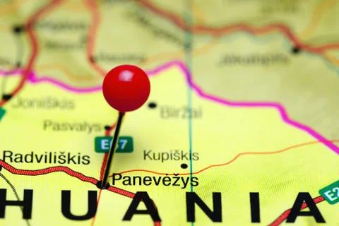 Panevezys pinned on a map of Lithuania Foto stock