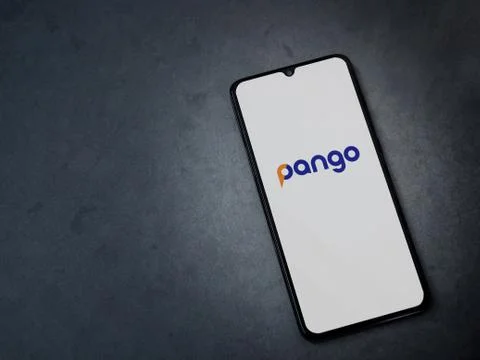 Pango app launch screen with logo on the display of a black mobile smartphone Stock Photos