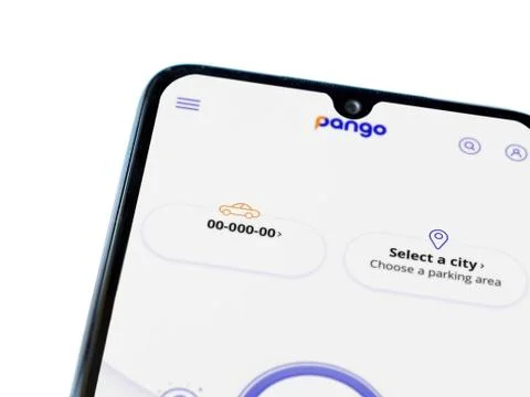 Pango app launch screen with logo on the display of a black mobile smartphone Stock Photos