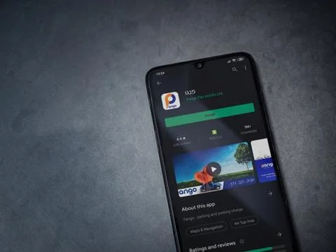 Pango app play store page on the display of a black mobile smartphone on dark Stock Photos