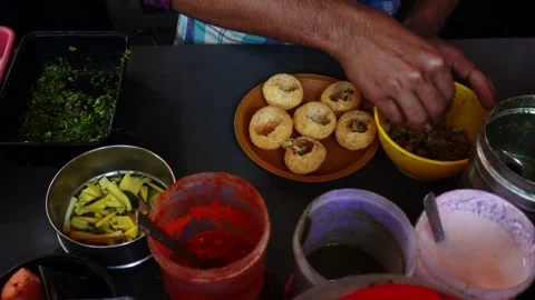 Pani Puri, Dhi Puri Making Process, Indian food, street food india Stock Footage 247907714