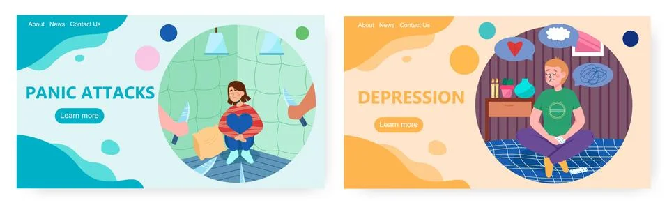 Panic attack and depression landing page design, website banner vector template Stock Illustration