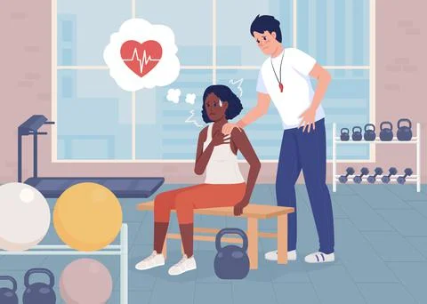 Panic attack at gym flat color vector illustration Illustrazione stock