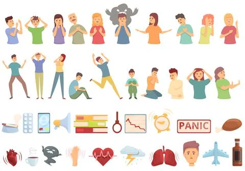 Panic attack icons set cartoon vector. Anxiety panic Stock Illustration