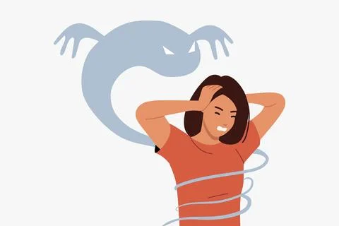Panic attack in woman due to mental health problems and hallucinations in form Stock Illustration