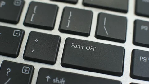 Panic OFF button on computer keyboard, female hand fingers press key Stock Footage 97826117