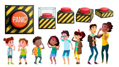 Panic Characters People And Red Button Set Stock Illustration