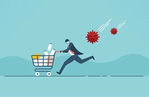 Panic man running in fear with full of consumer goods product, medicine in sh Illustrazione stock