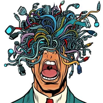 Panic people wire adapter cables isolated on white background Illustrazione stock