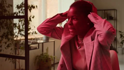 Panic-Stricken Black Girl Trying to Save System Data after Error Warning Message Stock Footage 331535302