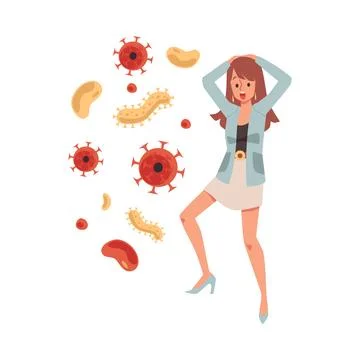 Panic woman scared and afraid of viruses flat vector illustration isolated. Illustrazione stock
