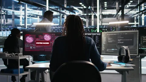 Panicked engineer in AI server facility reacts to hacking incident Stock Footage 307016992