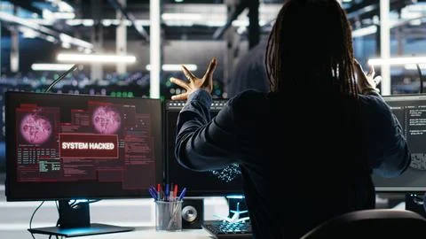 Panicked engineer in AI server facility reacts to hacking incident Foto stock