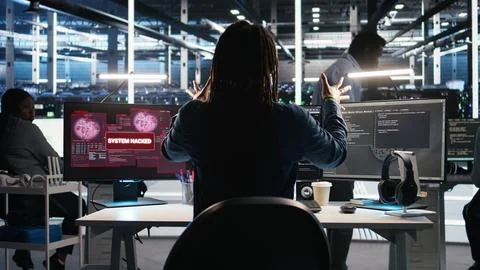 Panicked engineer in AI server facility reacts to hacking incident Stock Photos