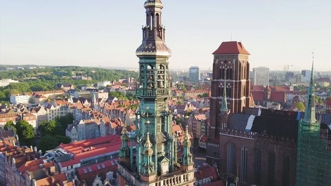 Paning camera down over city of Gdansk and Dluga street Stock Footage 90764514