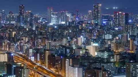 PanLeft Osaka City Night View Timelapse, High Angle Overview and Road Traffic Stock Footage 334557627