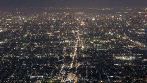 PanLeft Osaka City Night View Timelapse, High Angle Overview Stock Footage 334557980