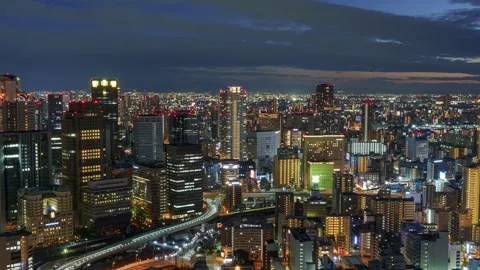 PanLeft Osaka City Night View Timelapse, High Angle Overview and Road Traffic 库存影片 334558027