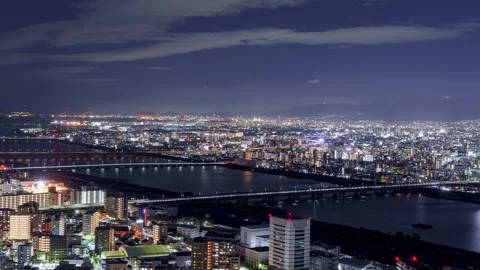 PanLeft Osaka City Night View Timelapse, High Angle Overview and Road Traffic 库存影片 334558047
