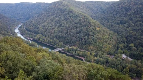 Panning across the New River Gorge showing National Park area and lower Video stock 116776841