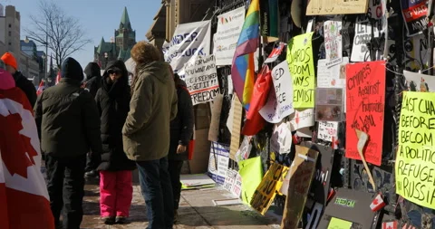 Panning across protesters with flags and signs in Ottawa Stock-Footage 170307236