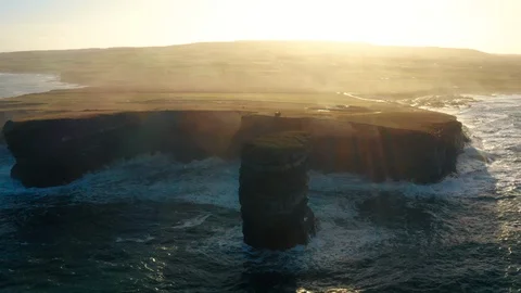 Panning Aerial of the Coast at Downpatrick Head, Ireland Stock Footage 123445352