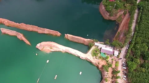 Panning Aerial View of Lake and Mountains in Thailand Stock Footage 55291253