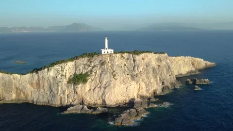 Panning Aerial View Of Lefkada Light House At Sunset Stock Footage 230307310