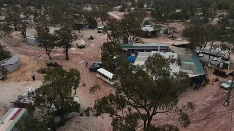 Panning aerial view of a small mining town in the opal capital of the Stock Footage 145240325