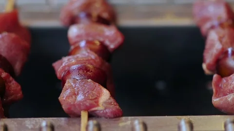 Panning along a line of beef and chicken kebabs Stock Footage 115076121