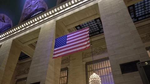 Panning and Parallax motion view of USA flag in Grand Central Station Stock Footage 200689898