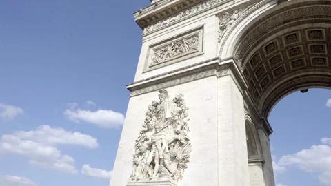 Panning Arc de Triomphe monument - low upward angle - street view - Paris France Stock Footage 93814124