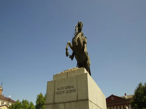 Panning around the Andrew Jackson statue in New Orleans, Louisiana. Stock Footage 81157546