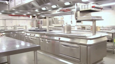 Panning around an empty professional kitchen Stock Footage 104139911
