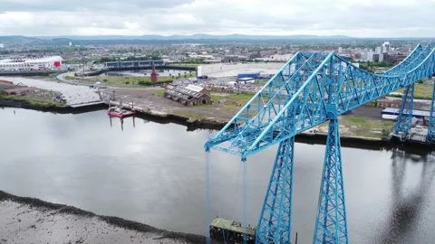 Panning Around End of River Tees Middlesbrough Transporter Bridge Stock Footage 196107258